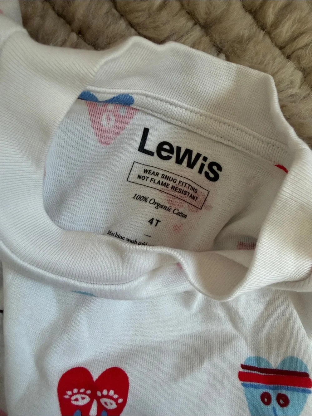 Lewit White Kids Heart-Face Pajama Set in Red, Blue and Pink